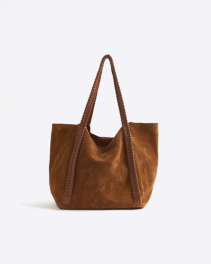 Brown whipstitch suede shopper bag