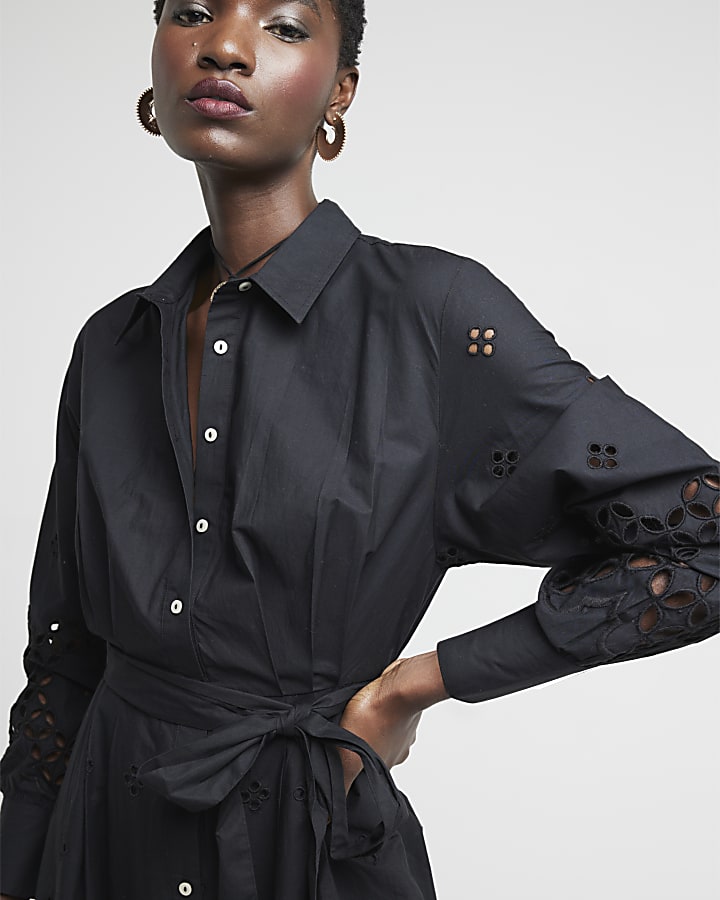 Black broderie belted mini shirt dress