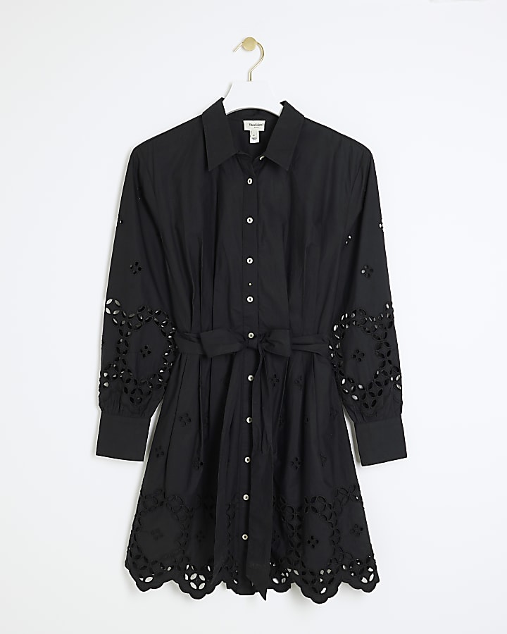 Black broderie belted mini shirt dress