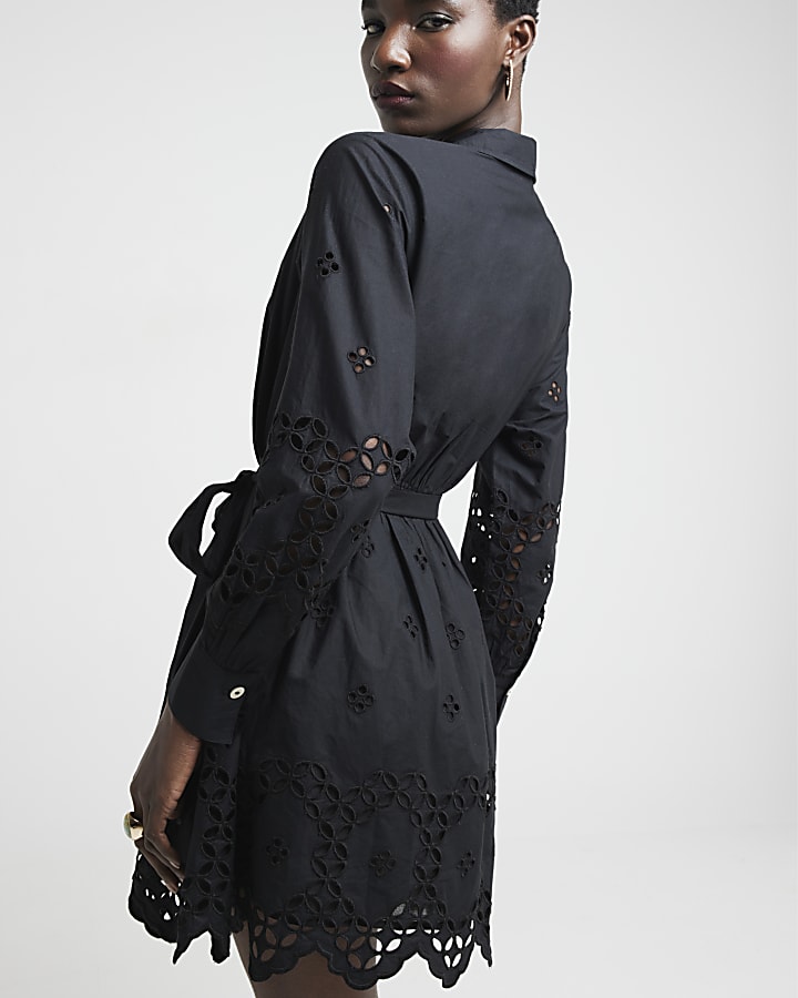 Black broderie belted mini shirt dress