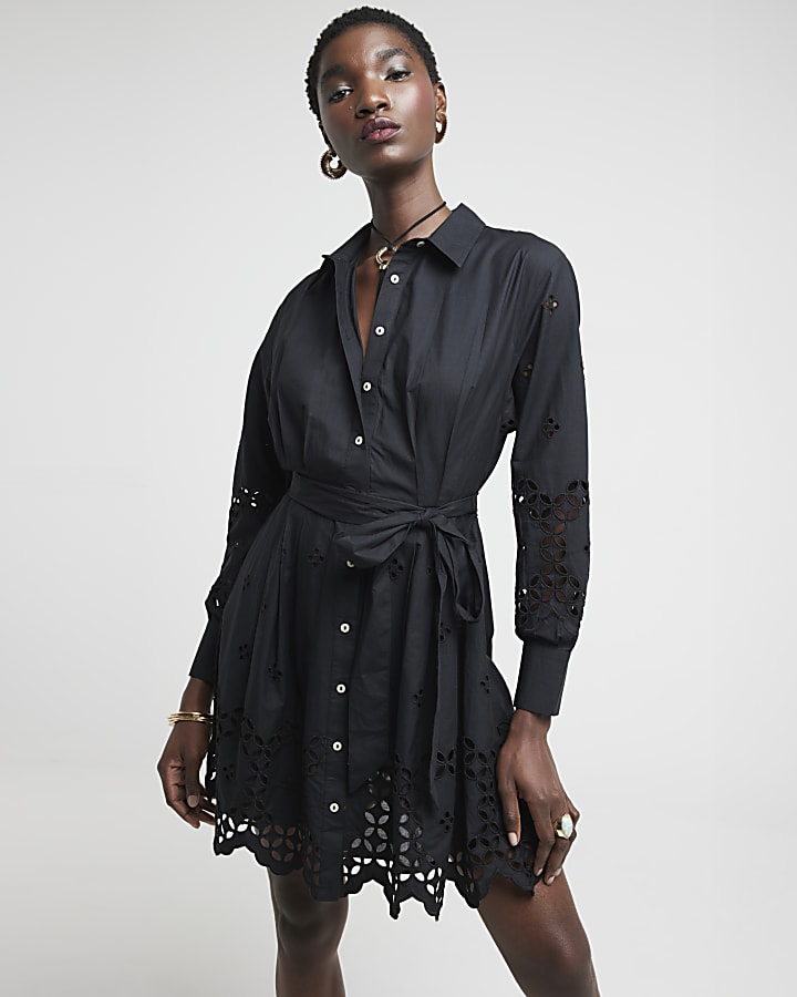 Black broderie belted mini shirt dress