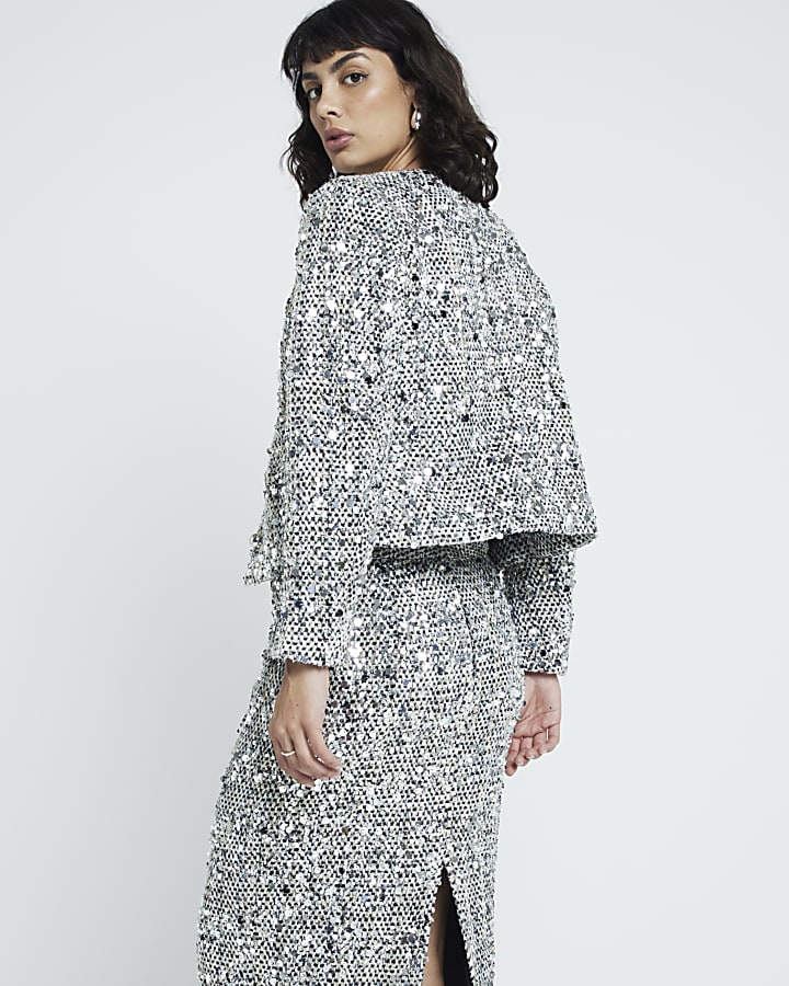 Silver Sequin Collarless Jacket