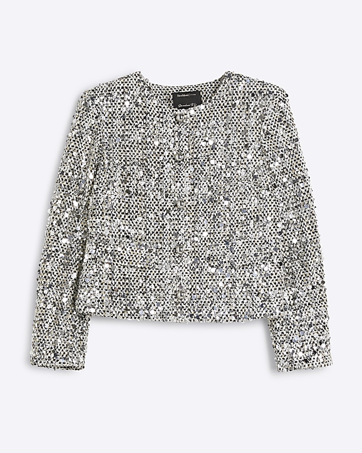 Silver Sequin Collarless Jacket