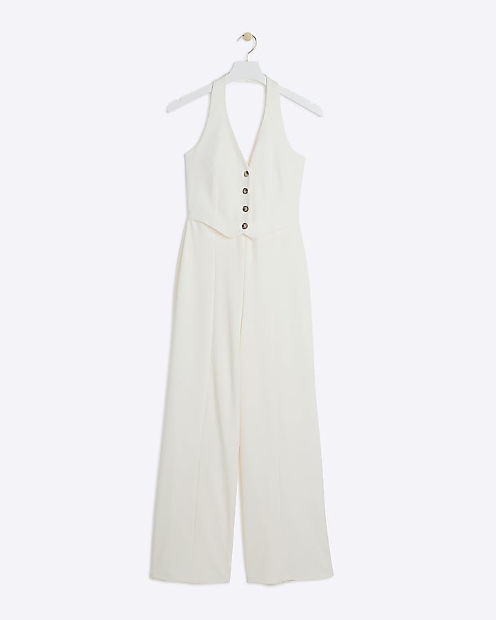 Cream Halter Neck Waistcoat Jumpsuit