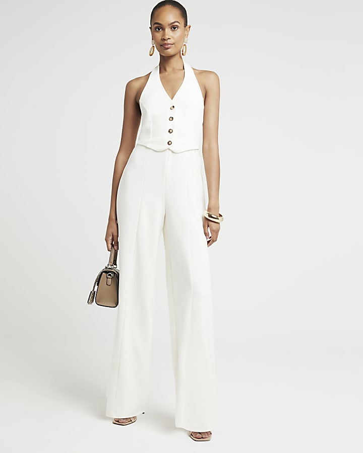 Cream Halter Neck Waistcoat Jumpsuit