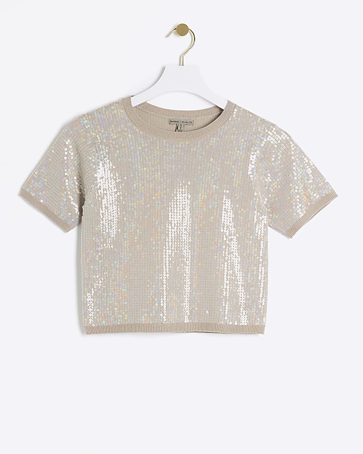 Beige knit sequin short sleeve top