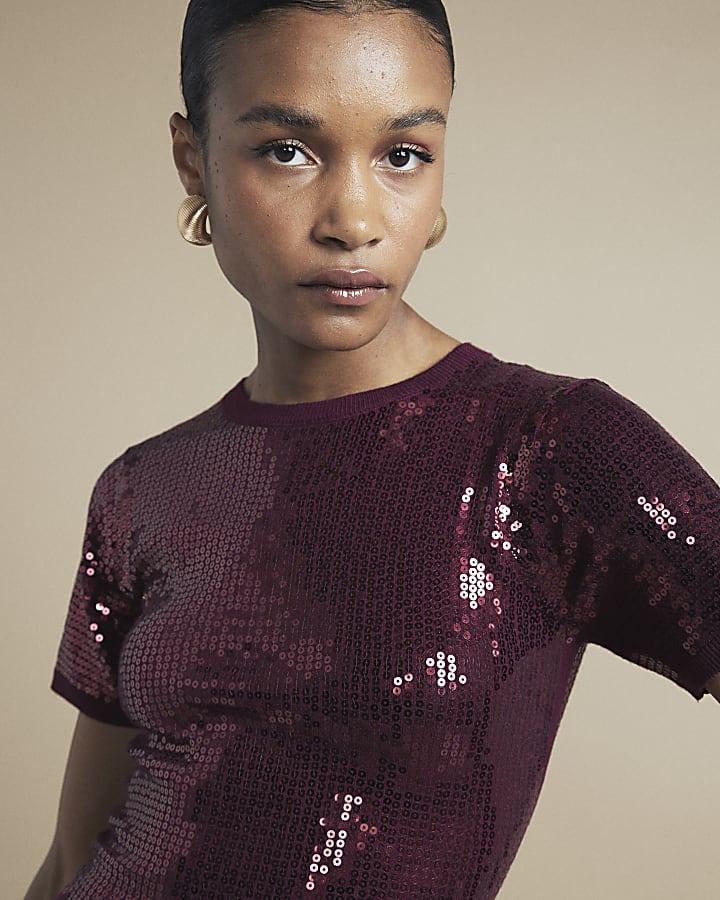 Red Knit Sequin Short Sleeve Top