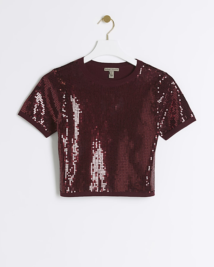 Red Knit Sequin Short Sleeve Top