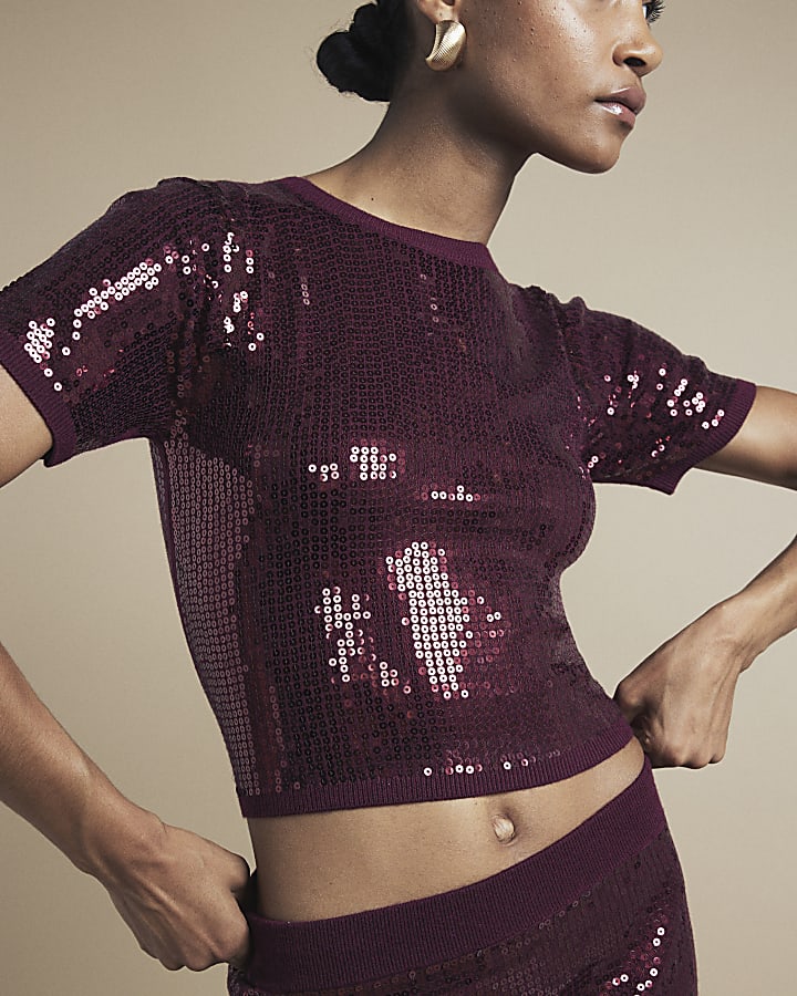 Red Knit Sequin Short Sleeve Top