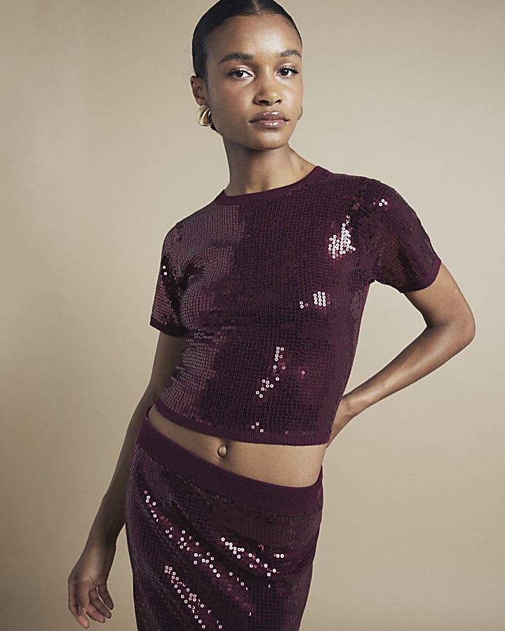 Red Knit Sequin Short Sleeve Top