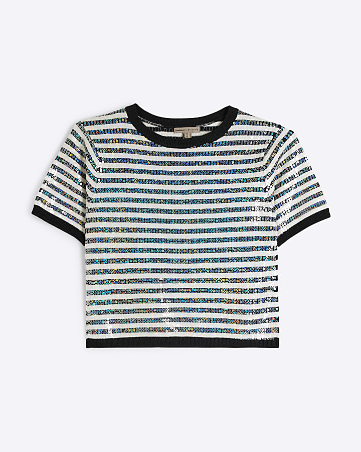 White sequin stripe t-shirt