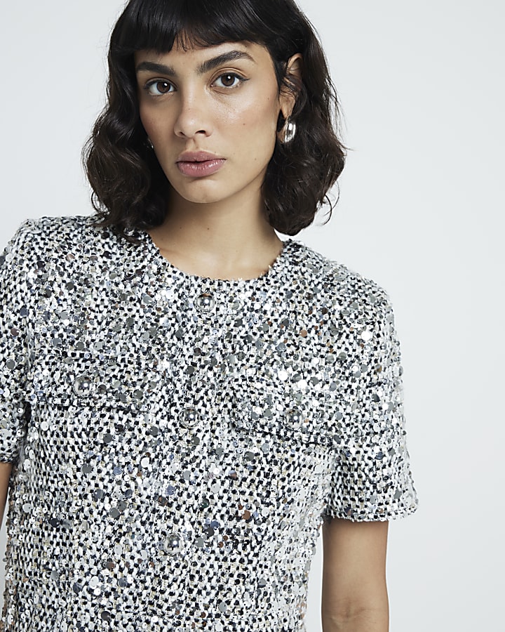 Silver sequin boucle shift mini dress