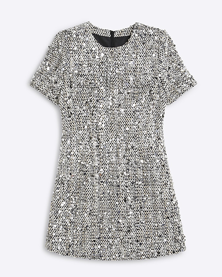 Silver sequin boucle shift mini dress