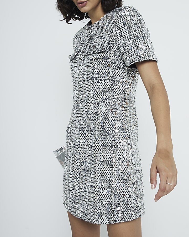 Silver sequin boucle shift mini dress