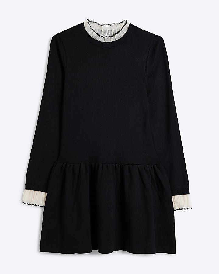 Black Knit Long sleeve Frill Mini Dress