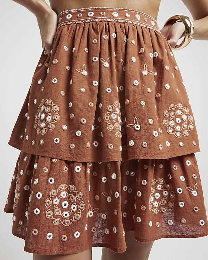 Rust Embellished Frill Mini Skirt