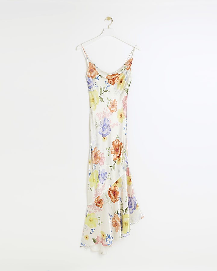 White Floral Asymmetric Hem Slip midi Dress
