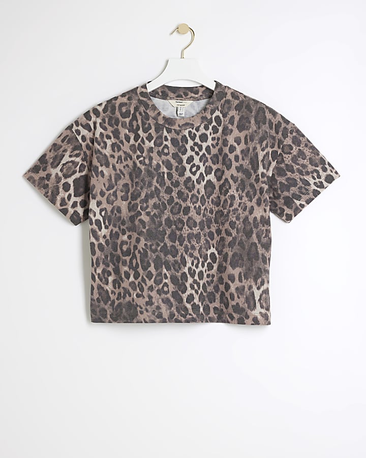 Brown Cropped Leopard Print T-Shirt