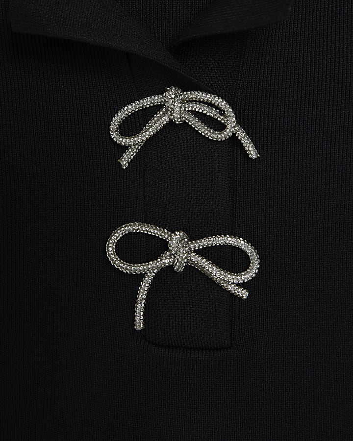 Black knit bow detail polo t-shirt