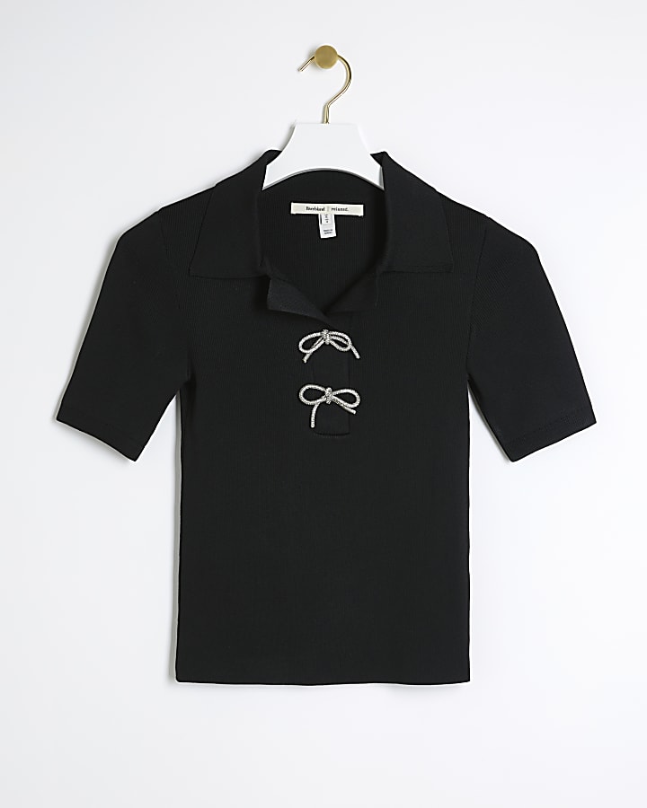 Black knit bow detail polo t-shirt