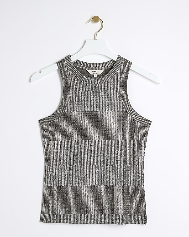 Silver ribbed foil racer vest top