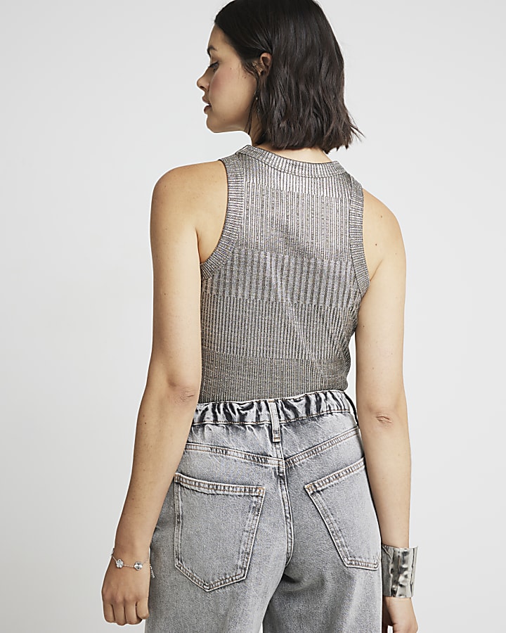 Silver ribbed foil racer vest top