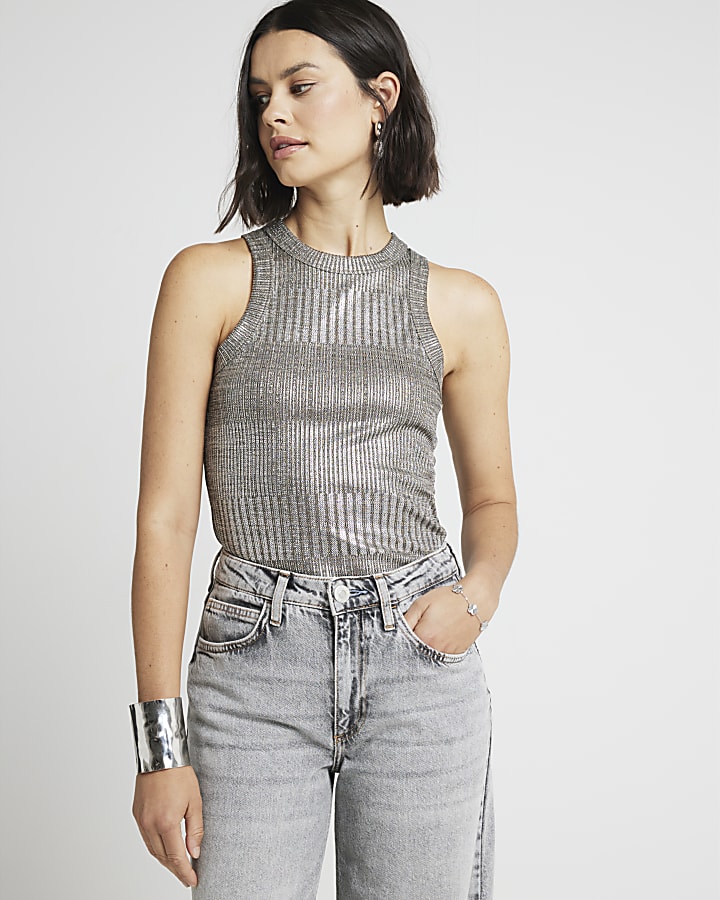 Silver ribbed foil racer vest top