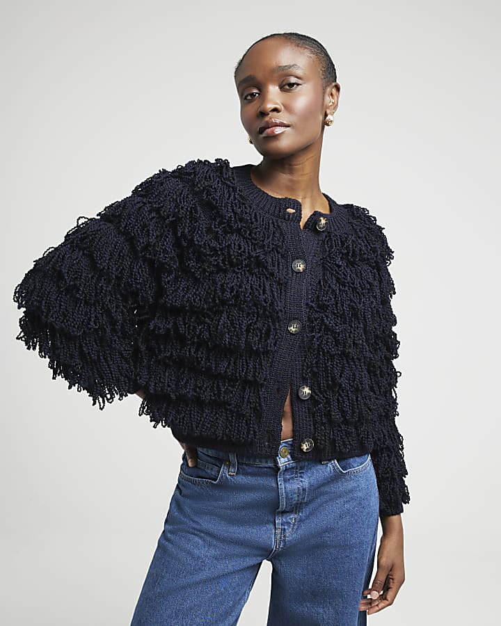 Navy fringe knitted cardigan River Island