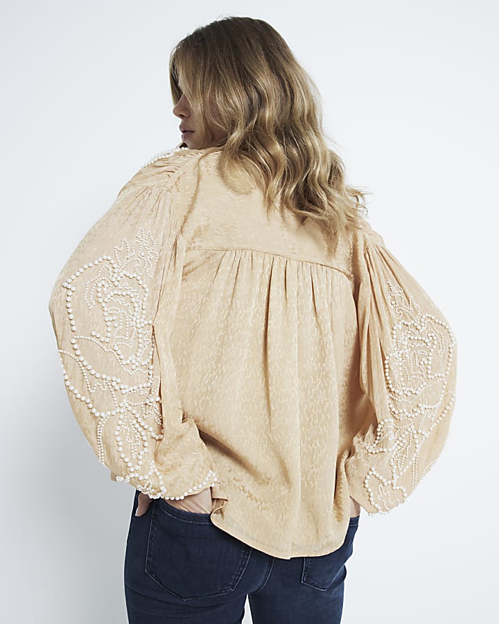 Beige Tie Neck Pearl Blouse