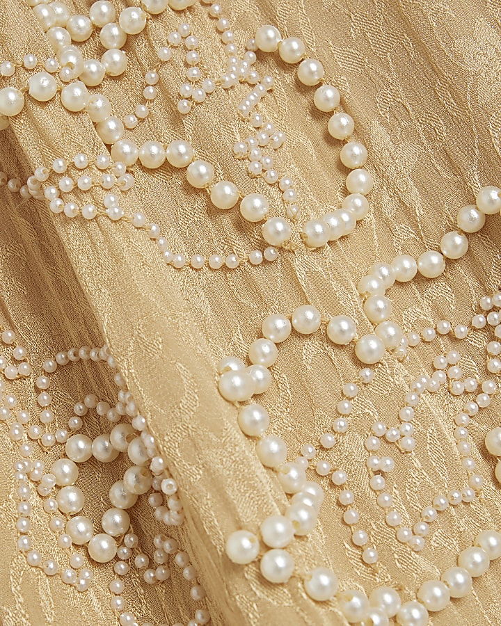 Beige Tie Neck Pearl Blouse