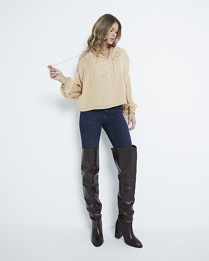 Beige Tie Neck Pearl Blouse