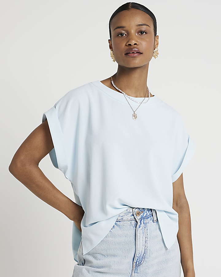 Blue crepe turned cuff t-shirt