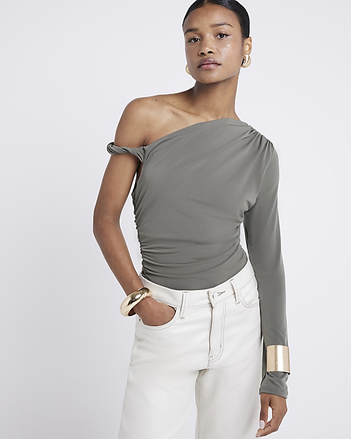 Khaki twist strap one shoulder top