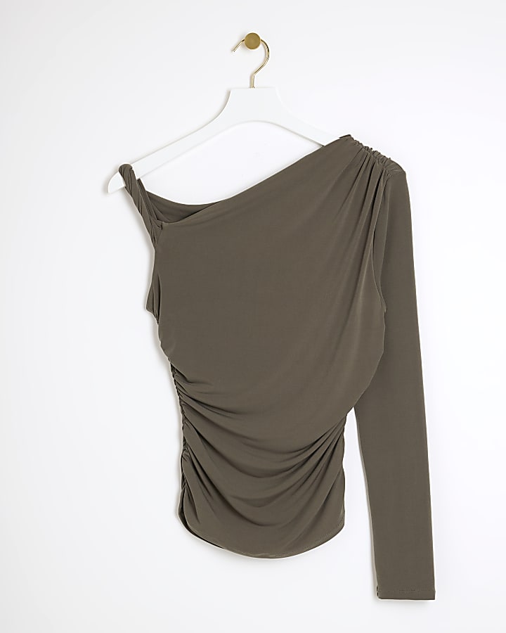 Khaki twist strap one shoulder top