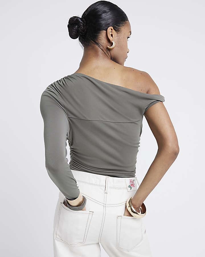 Khaki twist strap one shoulder top