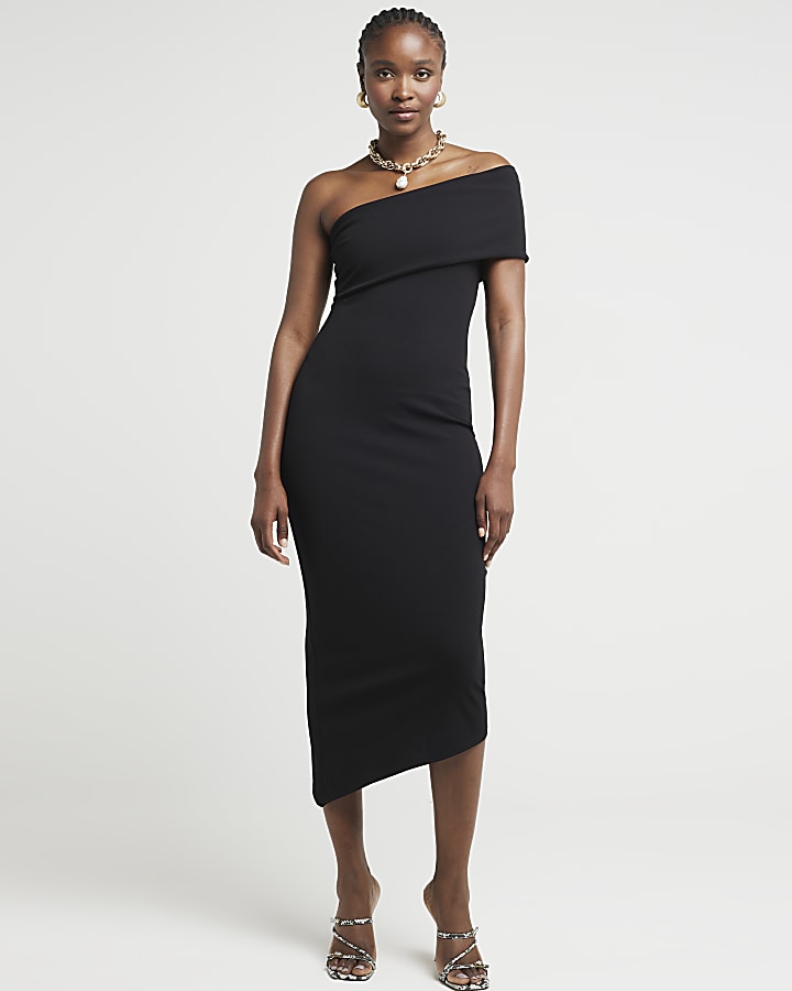 Black asymmetric bodycon midi dress