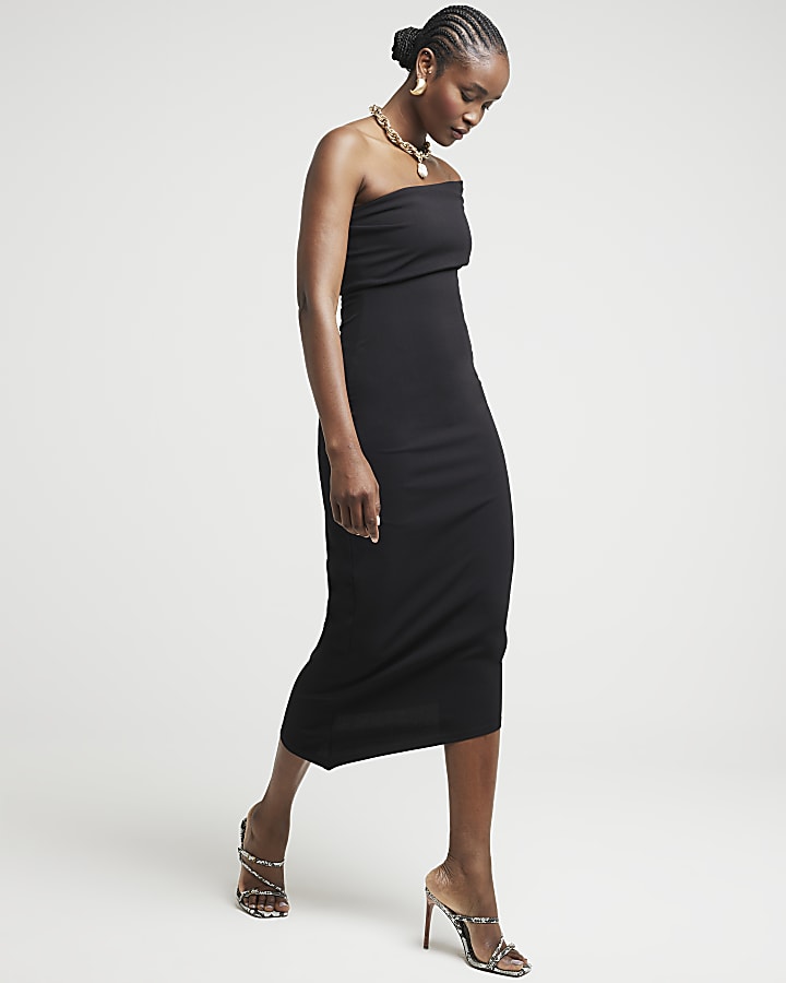 Black asymmetric bodycon midi dress