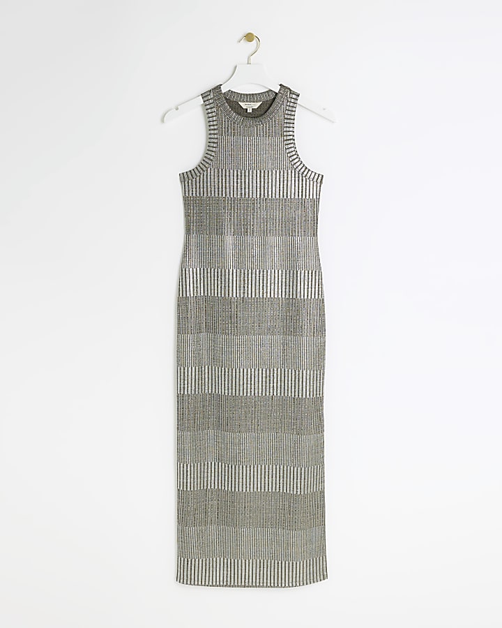 Silver ribbed foil bodycon midi dress