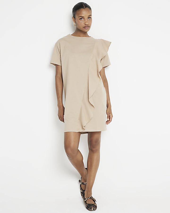 Beige Frill T-Shirt Mini Dress