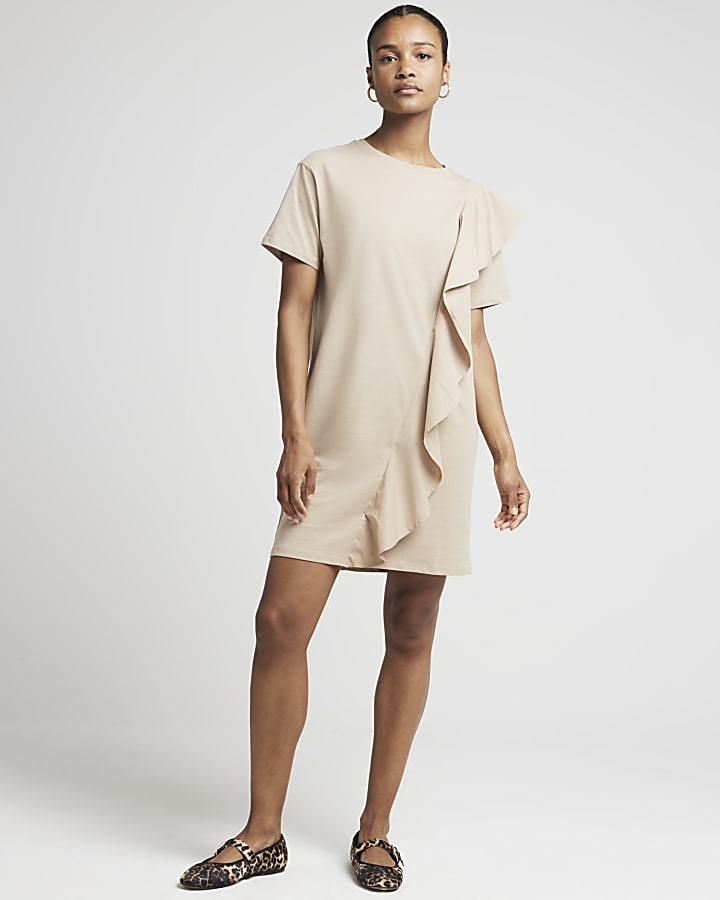 Beige Frill T-Shirt Mini Dress