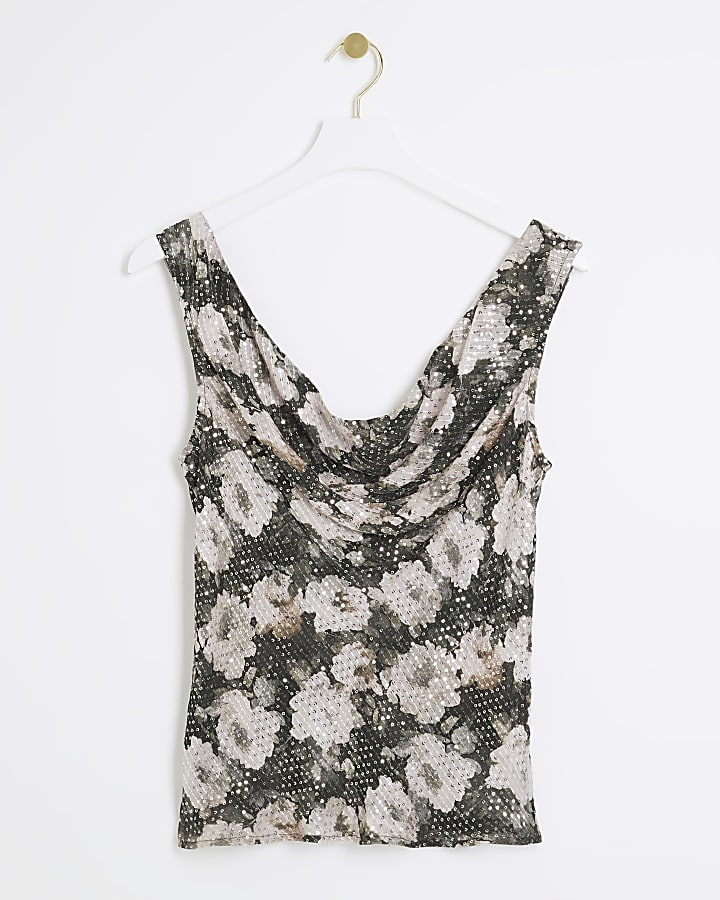 Black sequin floral cowl neck top