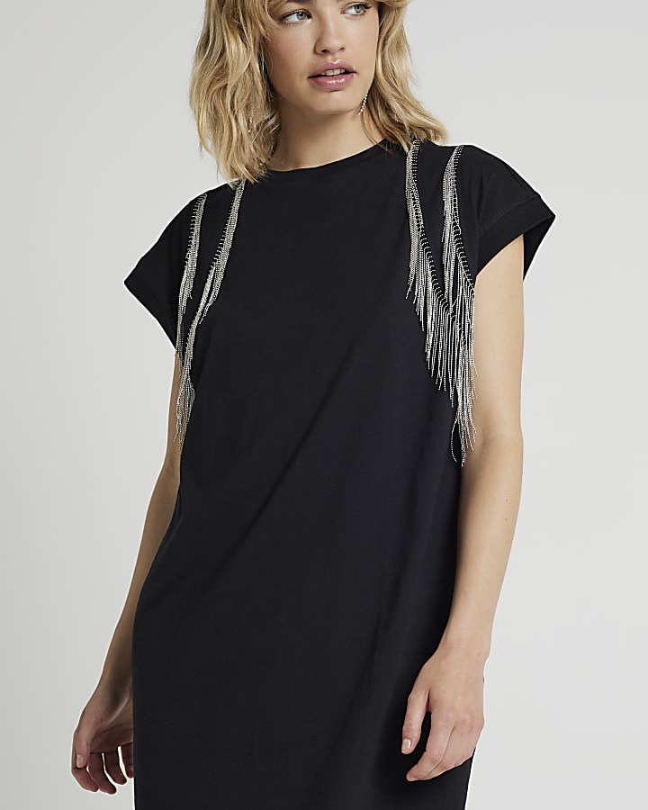 Black fringe detail t-shirt mini dress