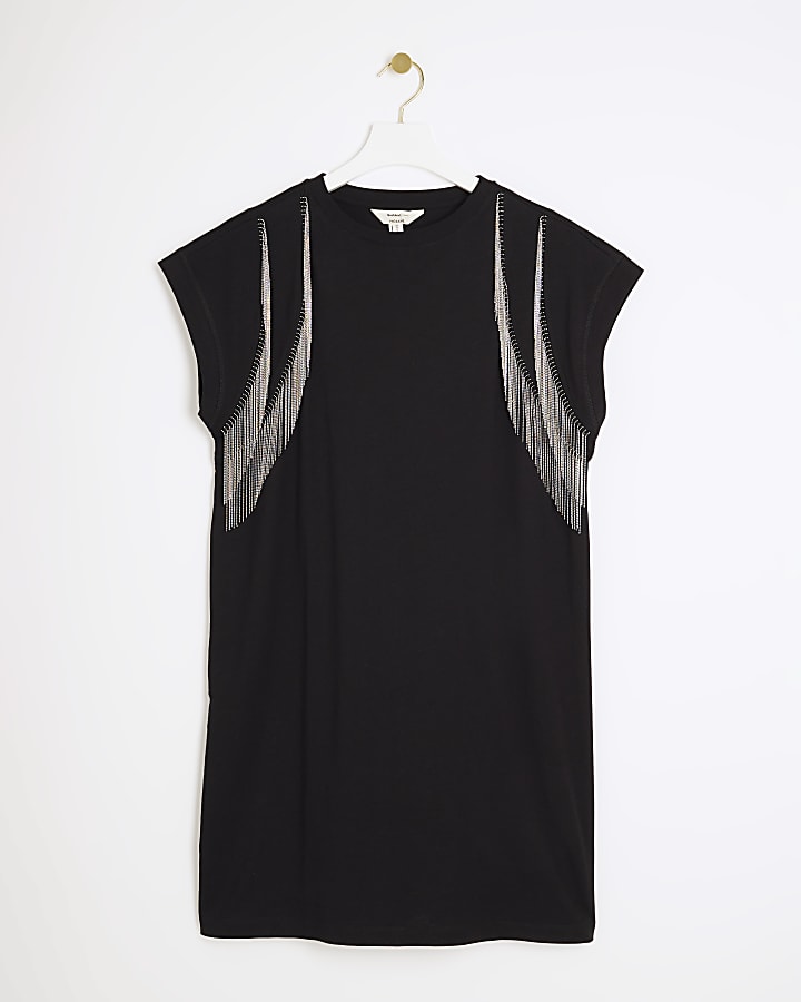 Black fringe detail t-shirt mini dress