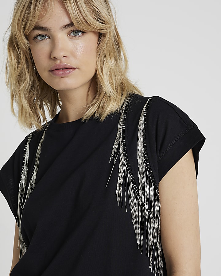 Black fringe detail t-shirt mini dress