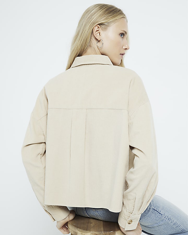 Beige Corduroy Long Sleeve Cropped Shirt