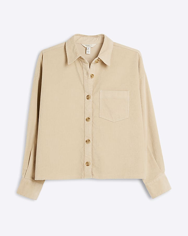 Beige Corduroy Long Sleeve Cropped Shirt