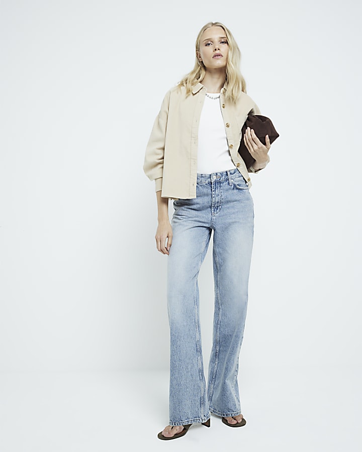 Beige Corduroy Long Sleeve Cropped Shirt