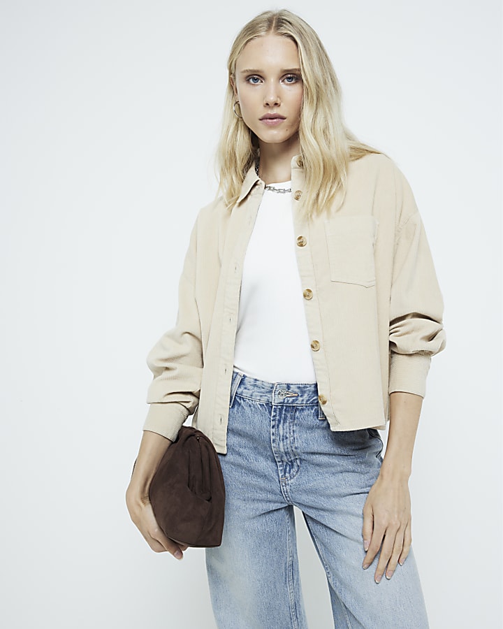 Beige Corduroy Long Sleeve Cropped Shirt
