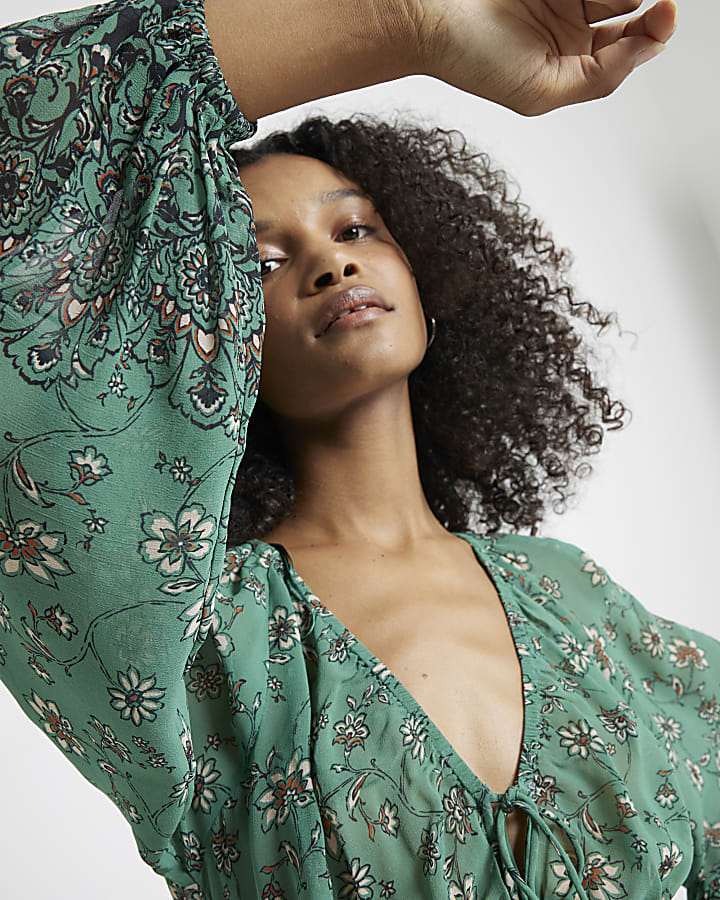 Green floral tie front top