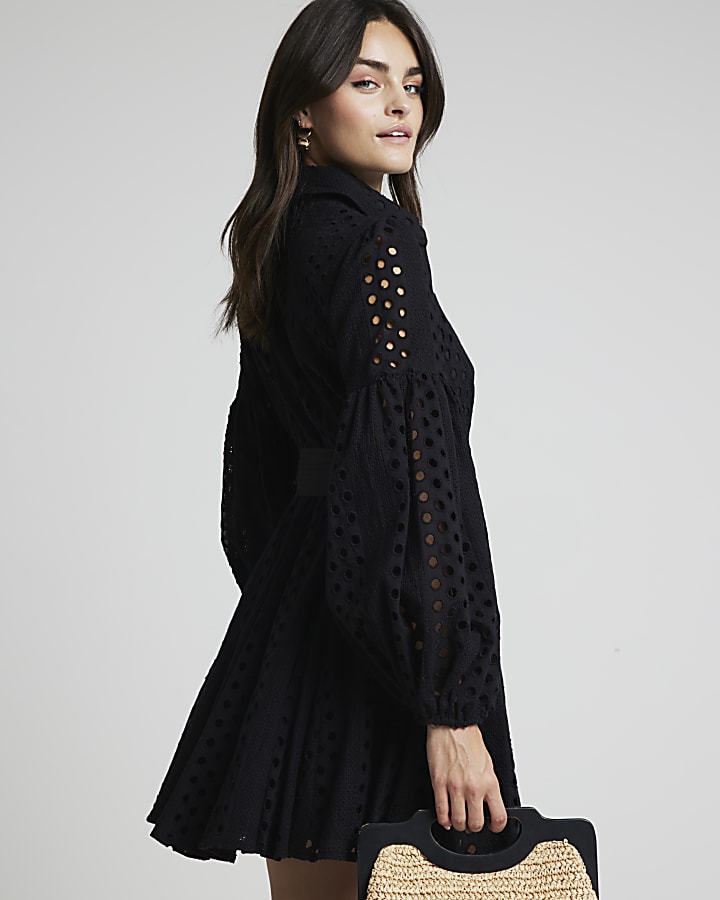 Black broderie belted mini shirt dress